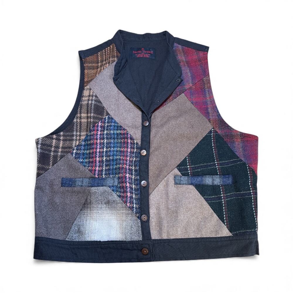 VTG Sacred Threads Wool Patchwork Buttoned Vest M/L Brown Plaid Unique Cottage
